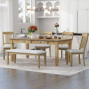 6-Pcs Natural Wood Wash Retro Wood Rectangle Dining Set with 4 Drawers, 4 Upholstered Chairs and Bench