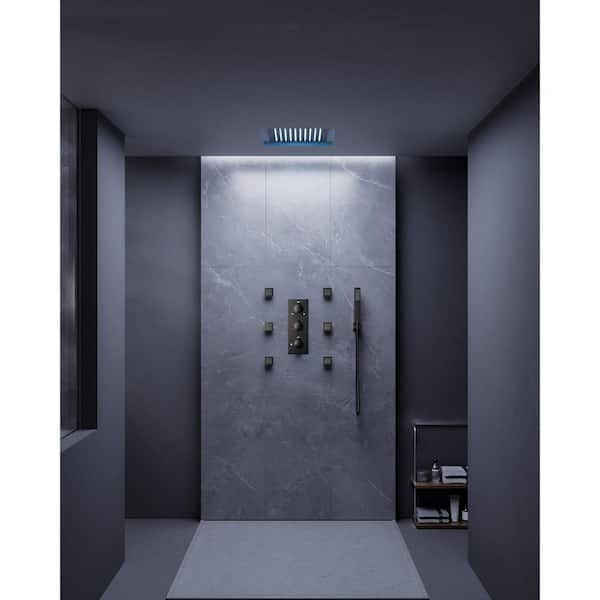 EVERSTEIN 15-Spray 23 in. L Rectangular Waterfall Fixed and Handheld Shower Head with LED in Brushed Nickel
