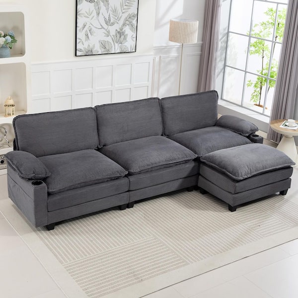 Rich 113.8 in. Corduroy Flared Arm L-Shaped Modular Sectional Sofa in. Dark Grey with Ottoman, Cloud Couch