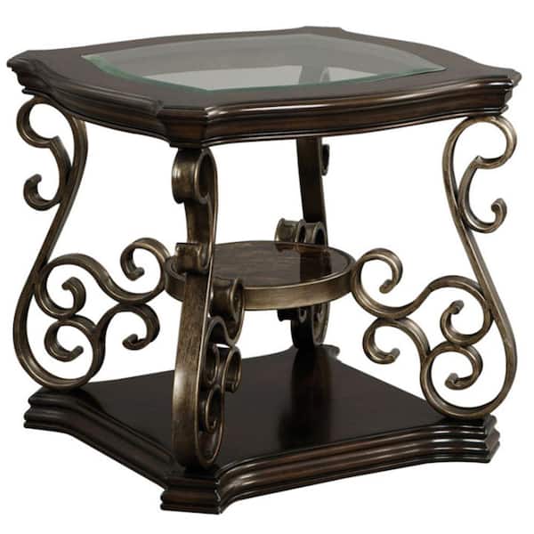 Benjara 26.3 in. Brown Oval Glass End Table with Metal Frame
