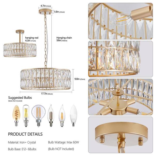 Jushua 18 in. 6-Light Gold Crystal Drum Chandelier Pendant