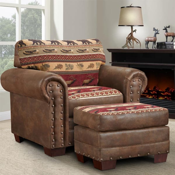 American Furniture Classics Sierra Lodge Series Tapestry and Pinto Brown Microfiber Arm Chair and Ottoman Set of 1 with Nail Head Accents