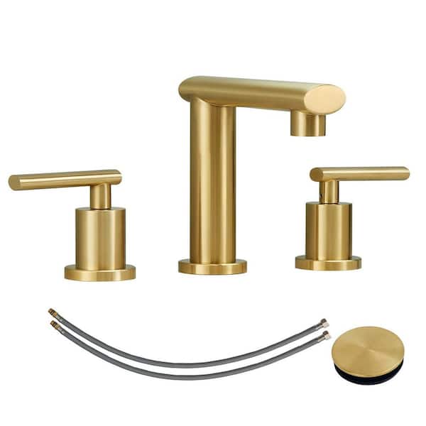 Lukvuzo Low-Arch 8 in. Widespread Double Handle Bathroom Faucet with Pop Up Drain Assembly in Brushed Gold