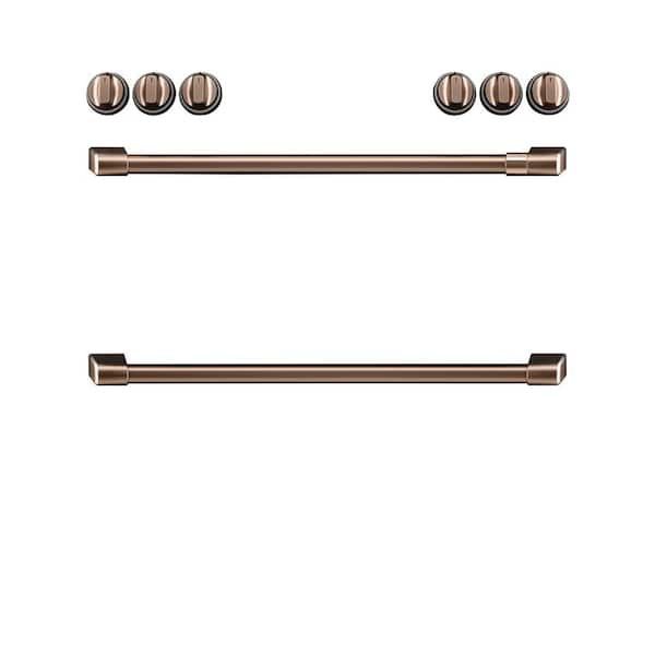 Cafe Front Control Induction Range Handle and Knob Kit in Brushed Copper