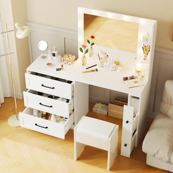 Harper & Bright Designs White Makeup Vanity Desk with Hollywood Lights, Freely Adjustable Side Cabinet, 3-Storage Drawers, 2-Shelves