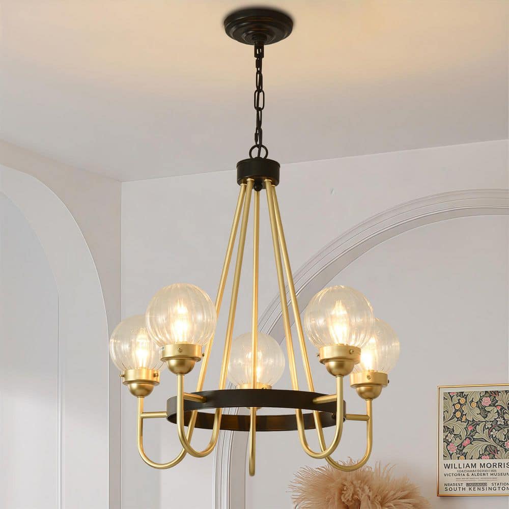 5-Light Gold Modern Chandelier Metal Pendant Light with Ribbed Glass Globes, Adjustable Height for Dining Room price history on PriceWatchPro