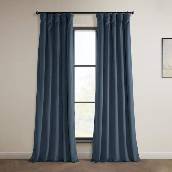 Exclusive Fabrics & Furnishings Blue Velvet Rod Pocket Room Darkening Curtain - 50 in. W x 96 in. L Single Panel Window Velvet Curtain