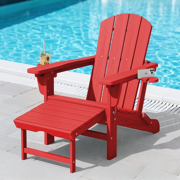 JEAREY 3-Level Adjustable Patio Folding Plastic Adirondack Chair with Retractable Ottoman, Cup and Phone Holders in Bright Red