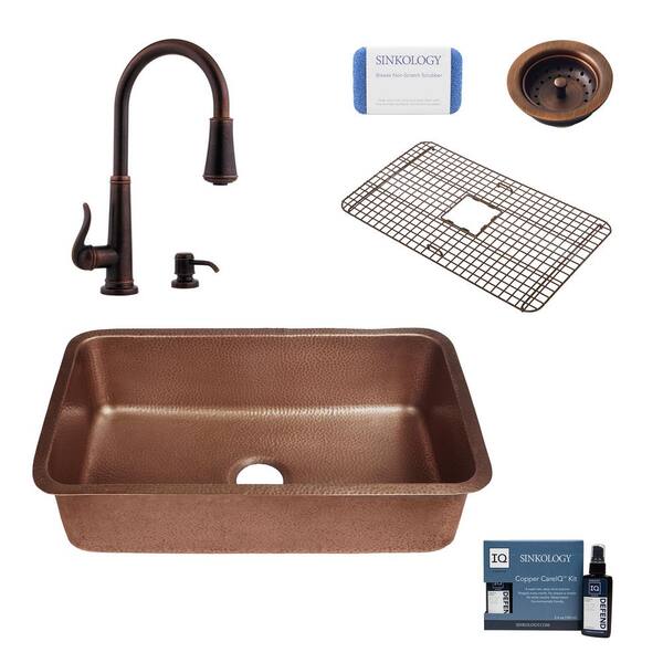 SINKOLOGY Orwell All-in-One Undermount Copper 30 in. Single Bowl Kitchen Sink with Pfister Ashfield Bronze Faucet and Drain