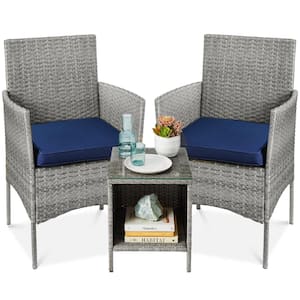 3-Piece Outdoor Wicker Conversation Patio Bistro Set, w/ 2-Chairs, Table, Cushions - Gray/Navy