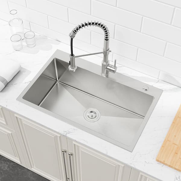 30 in. x 19 in. Stainless Steel Single Bowl Drop-In Kitchen Sink with Drain and Hooks in Brushed Nickel