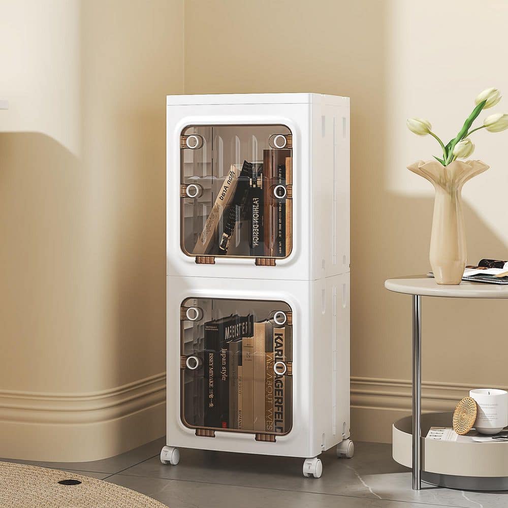 2-Tier Stackable Storage Cabinet Set with Clear Doors & Wheels, Foldable Bathroom Organizer Tower, White price history on PriceWatchPro