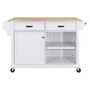 White Wood 57.5 in. Kitchen Island with Towel Rack
