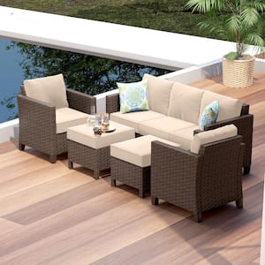 5-Piece Wicker Brown Steel Outdoor Conversation Set Patio Furniture Set with Ottoman and Beige Cushions