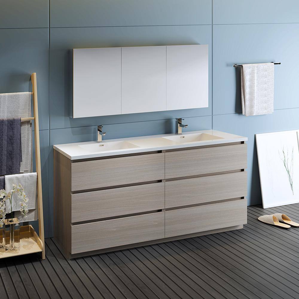 Contemporary 71" Gray Wood Double Sink Vanity Set with Acrylic Top
