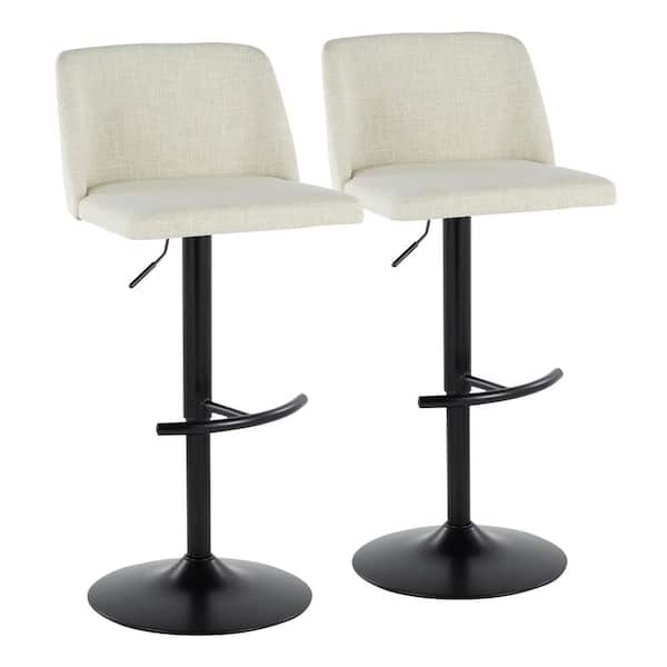 Lumisource Toriano 33 in. Cream Fabric and Black Metal Adjustable Bar Stool with Rounded T Footrest (Set of 2)