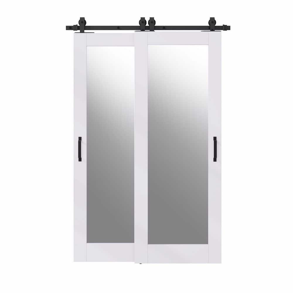 48 in. x 80 in. (Two 28 in.)Bypass Save Space 1-Lite Mirrored Glass White Primed MDF Sliding Barn Door with Hardware Kit price history on PriceWatchPro