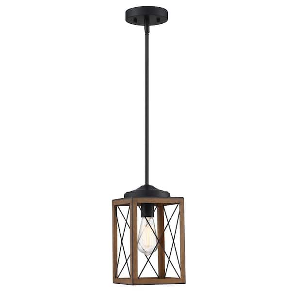 Photo 1 of 1-Light Cage Mini Pendant Light with Matte Black and Barnwood Accents