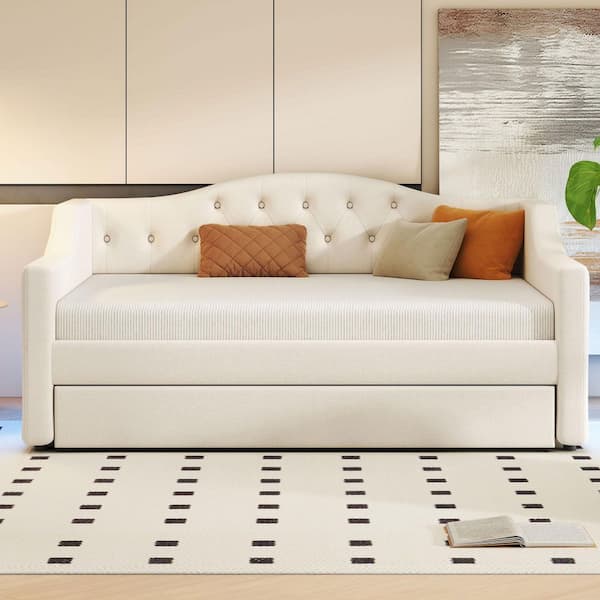 Beige Full Size Daybed with LED Belt and Trundle