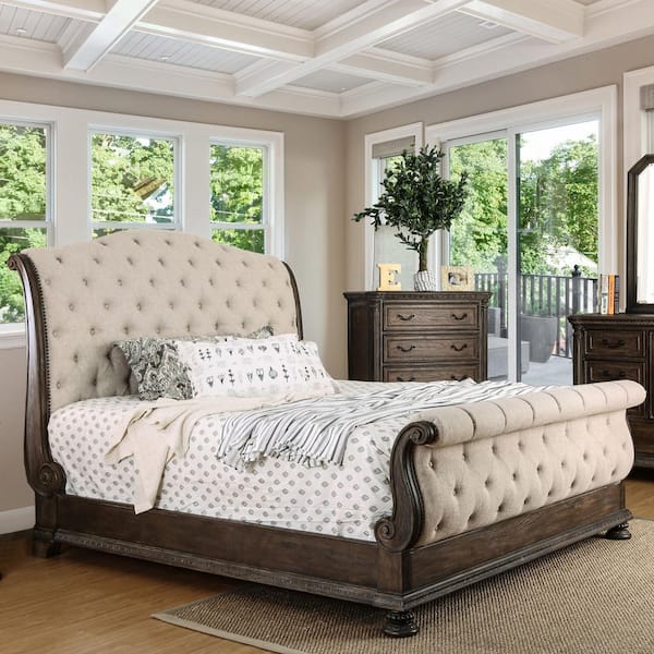 Furniture of America Codere Farmhouse Brown Eastern King Wood Frame Sleigh Bed with Tufted Headboard and Footboard