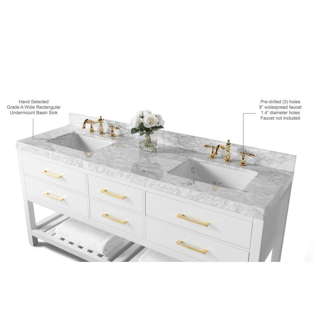 Elizabeth 72" White Double Bathroom Vanity with Gold Hardware