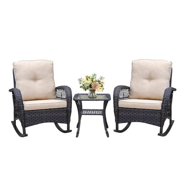 AFAIF 3 Pieces Conversation Set, Outdoor Wicker Rocker Patio Bistro Set, Rocking Chair with Glass Top Side Table