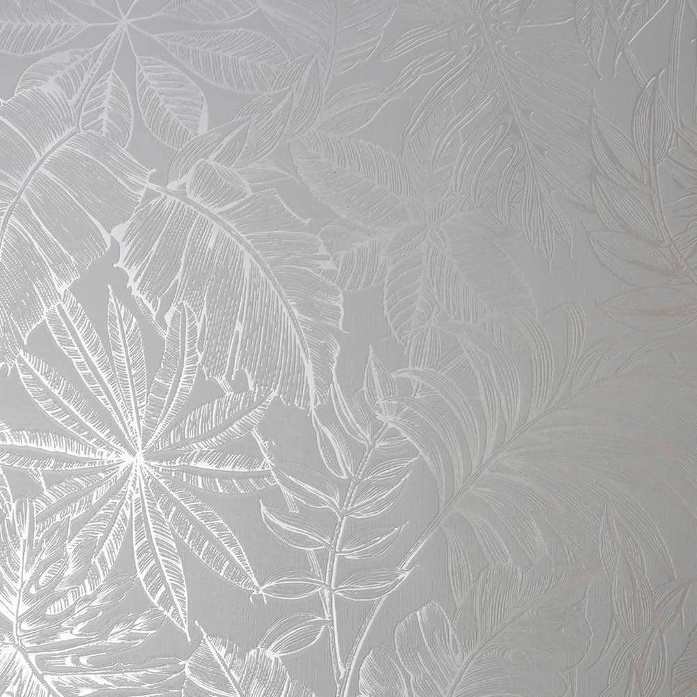 Ginkgo Metallic Silver and Grey Botanical Wallpaper Sample