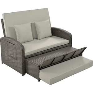 Gray 2-Piece Wicker Outdoor Chaise Lounge with Gray Cushions