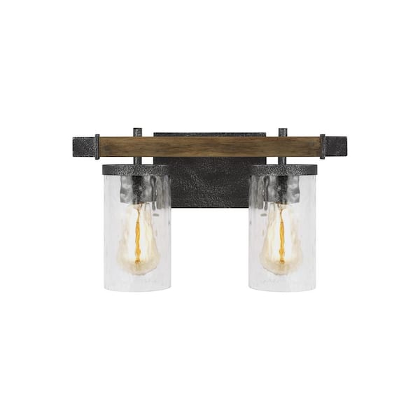 Generation Lighting Angelo 3-Light Distressed Weathered Oak and Slate Grey Metal Bathroom Vanity Light with Clear Thick Wavy Glass Shades