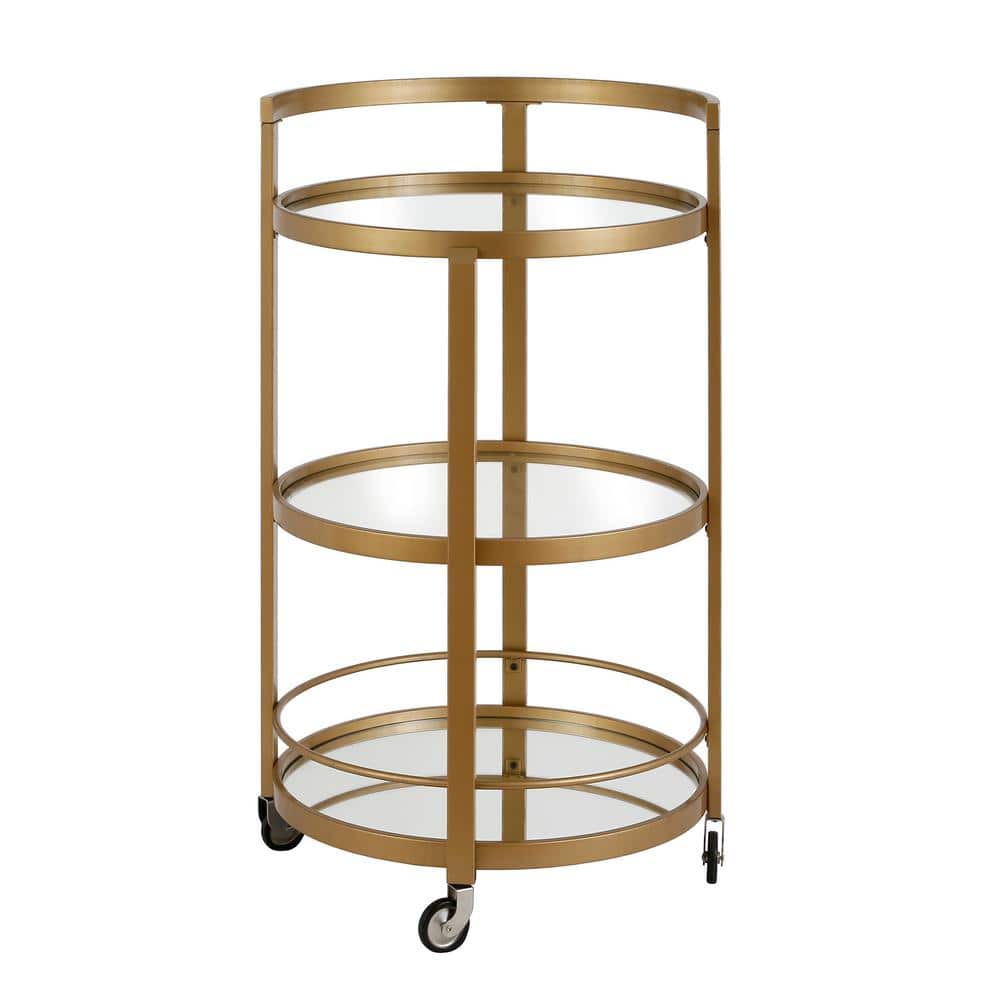 Hause 21" Round Brass and Glass Bar Cart with Storage