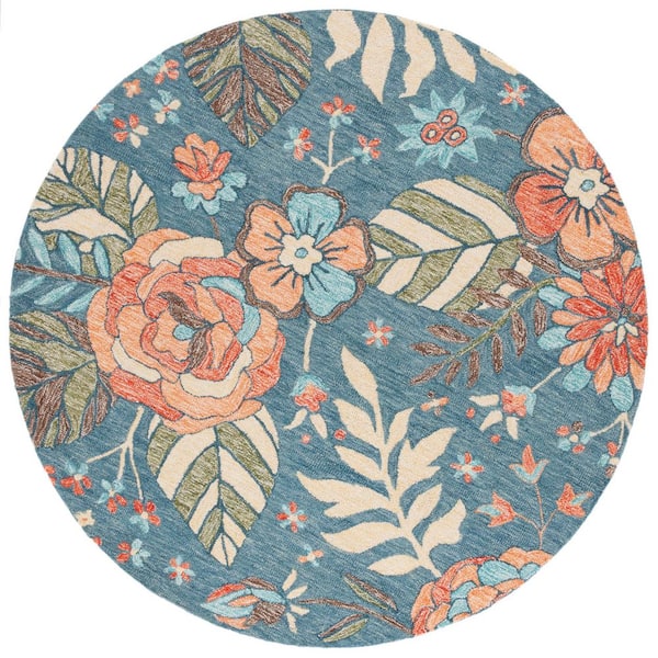 Jardin 6 ft. x 6 ft. Blue/Green Leaf Floral Round Area Rug