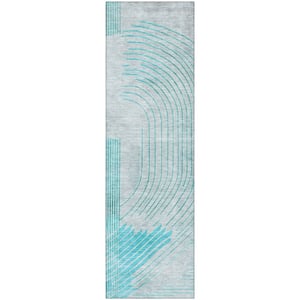 Mayfield Premium Machine Washable Abstract AMF2003 Teal 2 ft. x 7 ft. Runner Rug