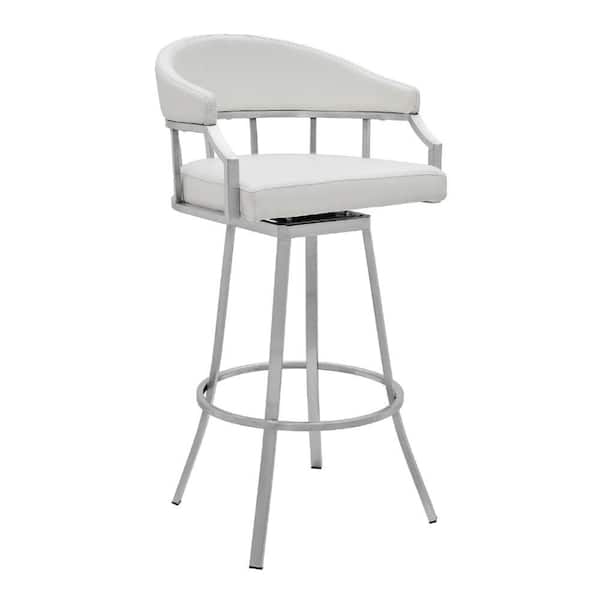 Benjara 35 in. White Low Back Metal Frame Bar Stool with Faux Leather Seat