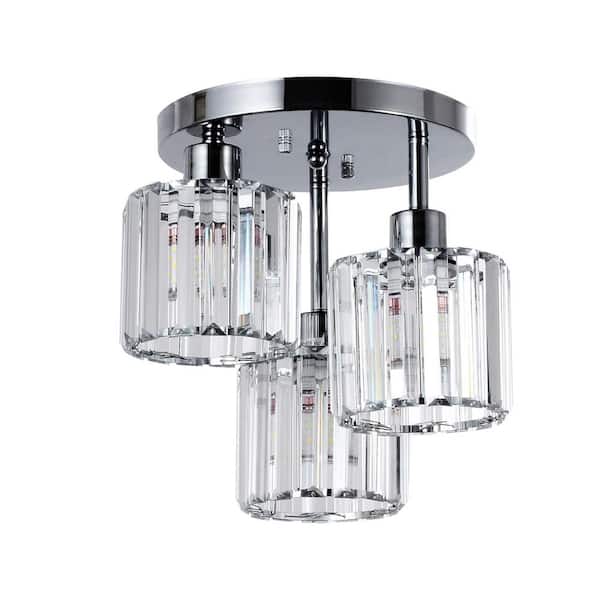 VEVETTA 9.8 in. Modern 3-Light Crystal Semi Flush Mount Ceiling Light with Clear Crystal Shade in Silver (Not Bulb Included)