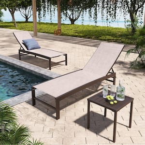 3-Piece Adjustable Aluminum Outdoor Chaise Lounge in Beige with Aluminum Table Set