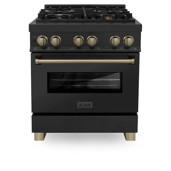 Autograph Edition 30 in. 4 Burner Dual Fuel Range in Black Stainless Steel and Champagne Bronze