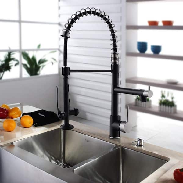Dual-Function Single-Handle No Sensor Gooseneck Pull-Down Sprayer Kitchen Faucet in Matte Black with Brushed Nickel