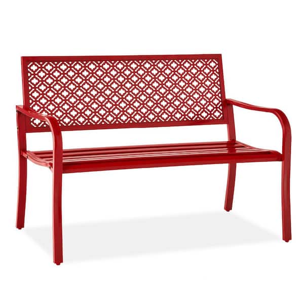 Unbranded 50 in. 2-Person Rose Red Metal Outdoor Bench with Geometric Backrest and Foot Levelers