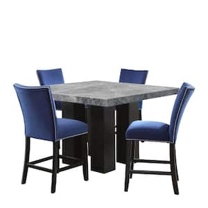 Camila Gray Marble 54 in. Square Counter Height Dining Set with 4-Blue Velvet Upholstered Side Chair