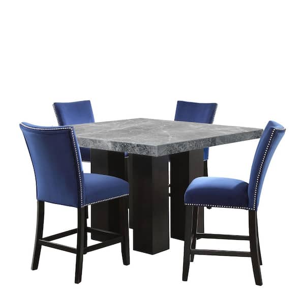 Steve Silver Camila Gray Marble 54 in. Square Counter Height Dining Set with 4-Blue Velvet Upholstered Side Chair