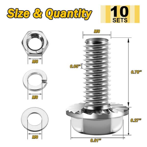 M8 x 20 mm Uncoated Flange Bolt with Nuts and Washers (10-Pack)