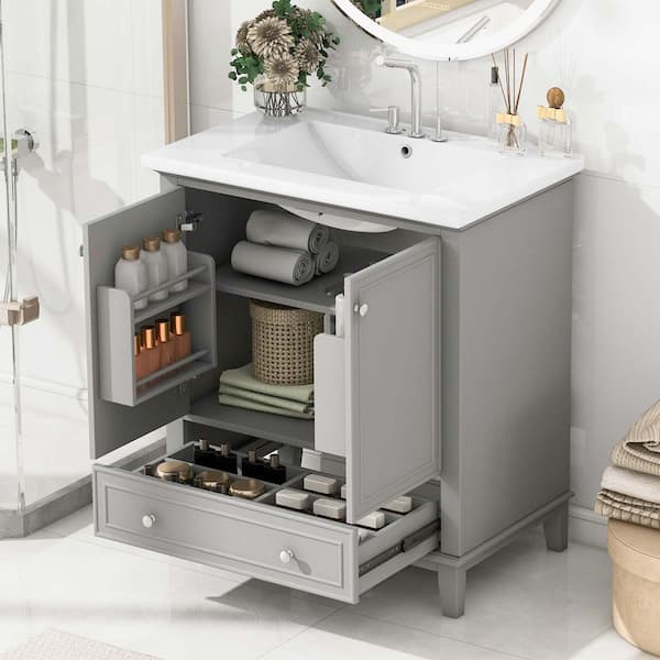 30 in. W Single Sink Freestanding Bath Vanity in Gray with White Ceramic Top, 2 Doors and 1 Drawer