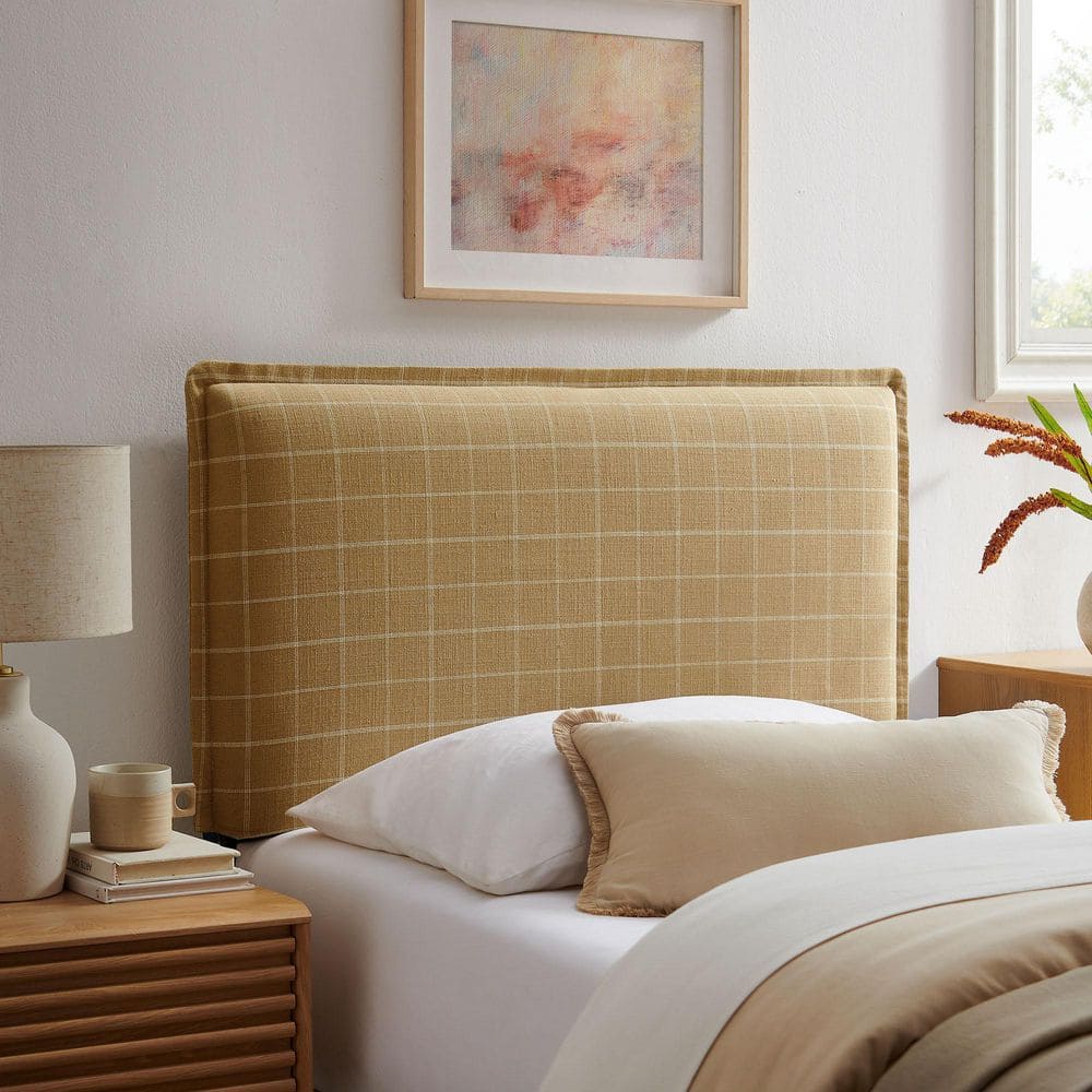 Camille Twin Size Checkered Linen Blend Plaid Headboard with Removable Slipcover in Hemp Windowpane Check