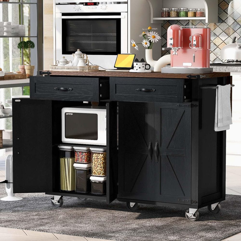 Black Wood 53.5 in. Kitchen Island with Power Outlet, Portable Kitchen Isla