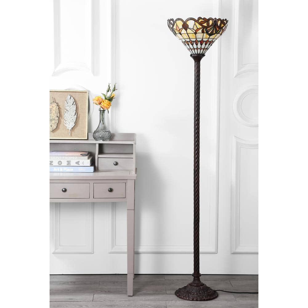 Davis Tiffany-Style 70" Bronze Torchiere with Multicolor Stained Glass