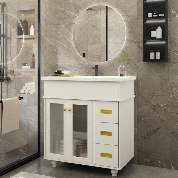 FUFU&GAGA 32.3 in. W x 19.7 in. D x 34.3 in. H Bath Vanity Bath Cabinet with Sink, Ceramic Vanity Top, Glass Doors and 3-Drawers