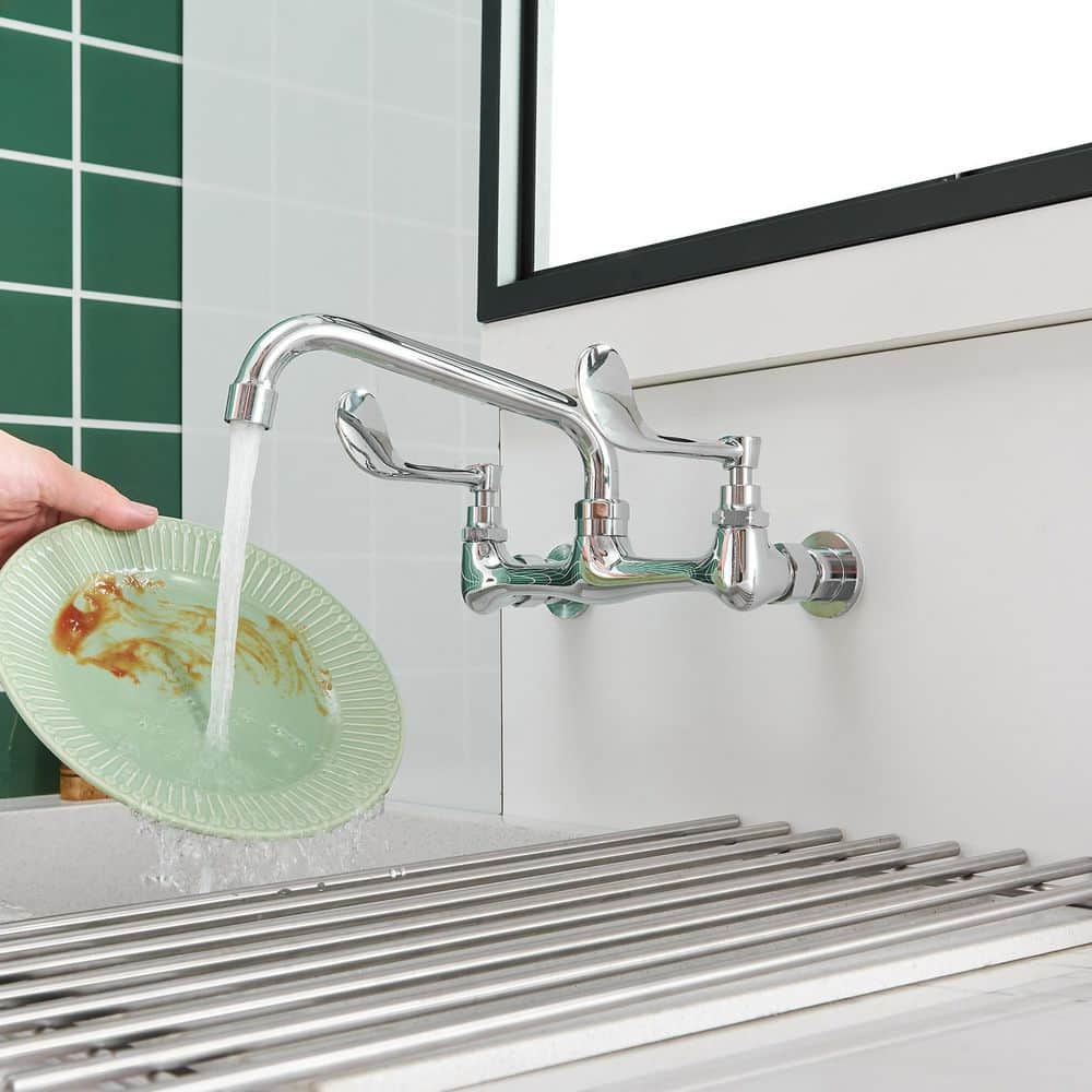 Polished Chrome Double Handle Wall Mount Kitchen Faucet