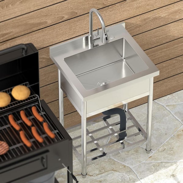 24 in. Freestanding Stainless Steel 1-Compartment Commercial Laundry/Utility Sink with Pull-Out Faucet