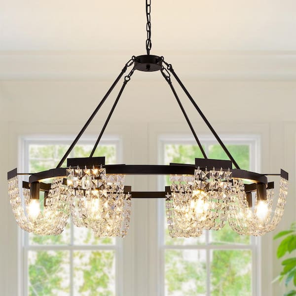 Magic Home 36 in. 8-Light Black Pendant Light with K9 Crystal Shade for Living Room and Kitchen