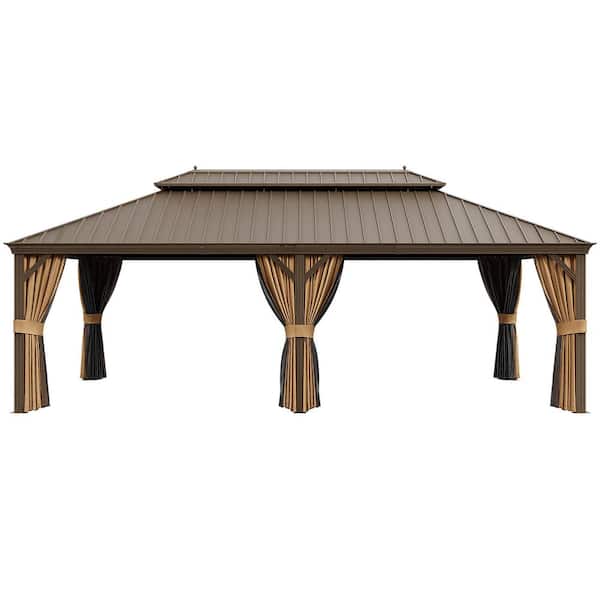 JOYSIDE 24 ft. x 14 ft. Aluminum Double Hardtop Gazebo with Tan Curtains and Mosquito Netting